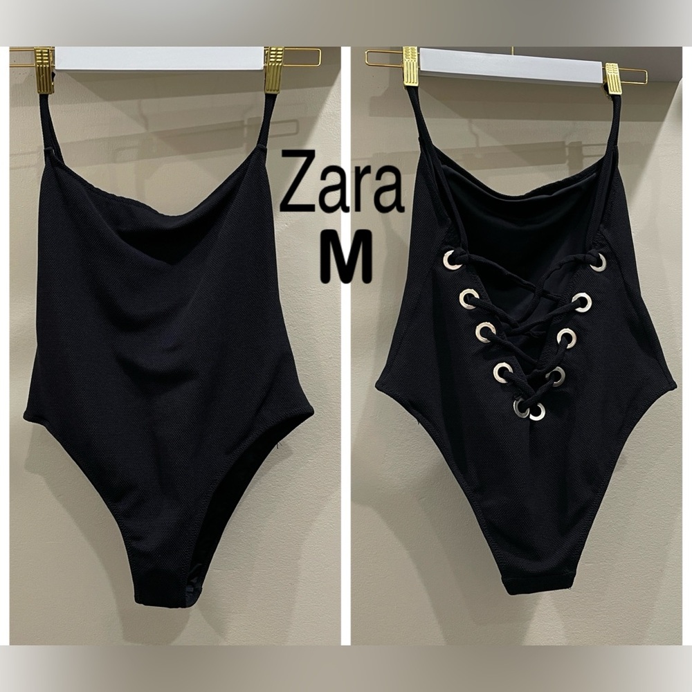 NWT ZARA black square neck high leg silver grommet lace up back bodysuit top M